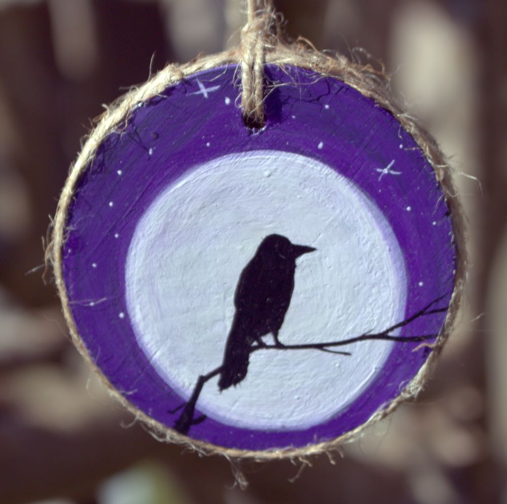 Hand Painted Wooden Ornament Moonlit Raven and Pentagram