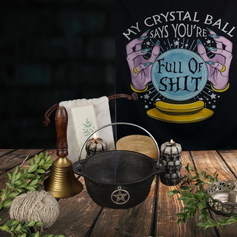 pentacle cauldron. herbs, a bell, candles and a drawstring bag on a wooden table in front of a sign that reads " my crystal ball says you're full of shit"