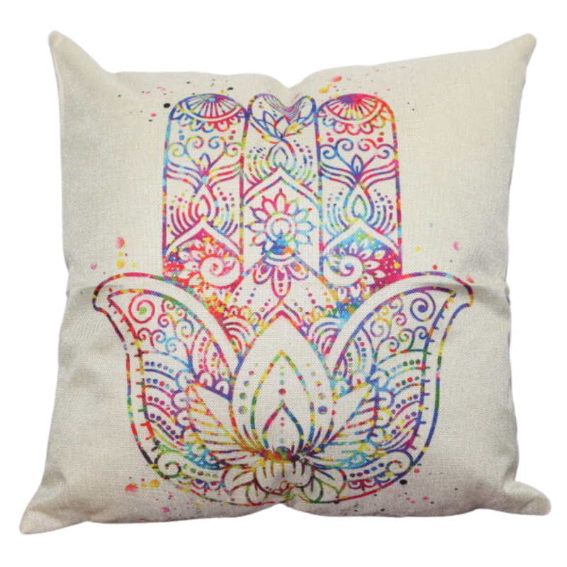 Linen 45cm Square Cushion with rainbow chamsa (hamsa) symbol printed on front