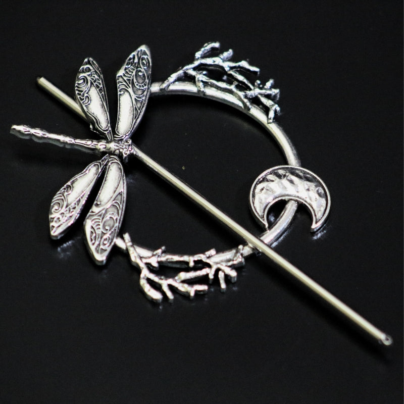 Dragonfly & Moon Hair Pin - Witch Aesthetic Jewellery- Silver