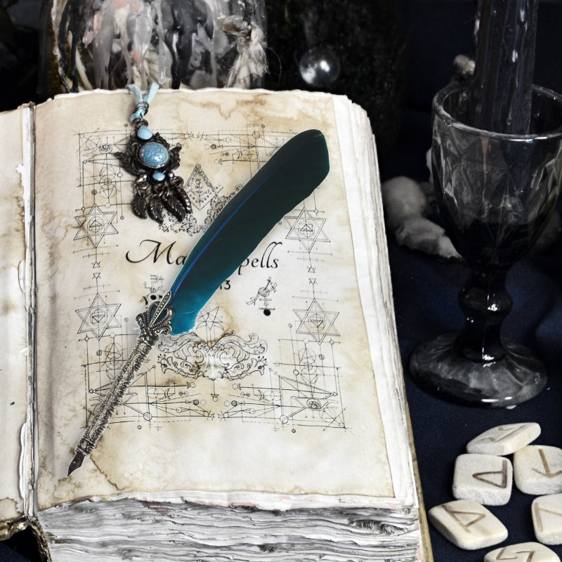 Magical Writing Tools- Elegant Teal Feather Dip Pen- Witchcore Desk Accessory
