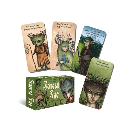 Forest Fae Messages Oracle Card pack in front of  four Oracle cards featuring forest fairies