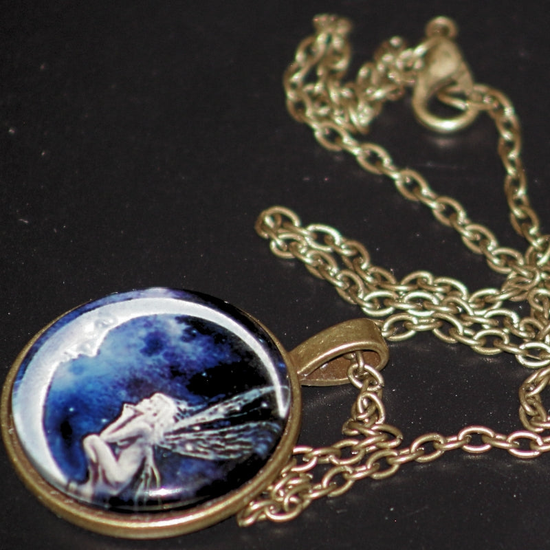 Glass Cabochon Fairy and Moon Pendant Necklace - Magic Fairycore Jewellery
