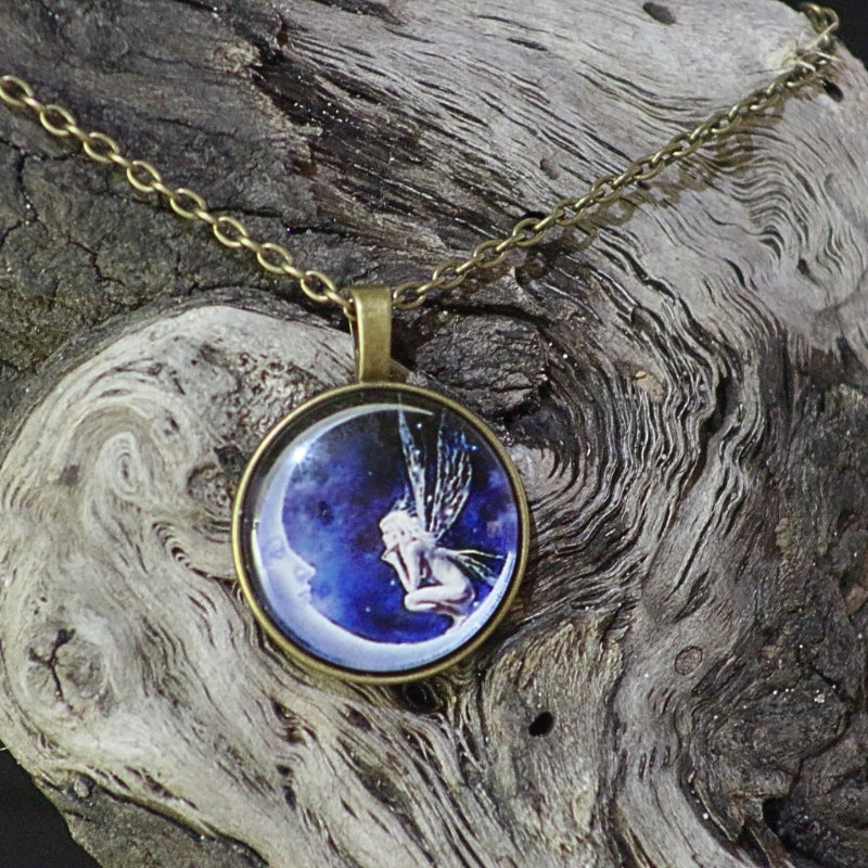 Glass Cabochon Fairy and Moon Pendant Necklace - Magic Fairycore Jewellery