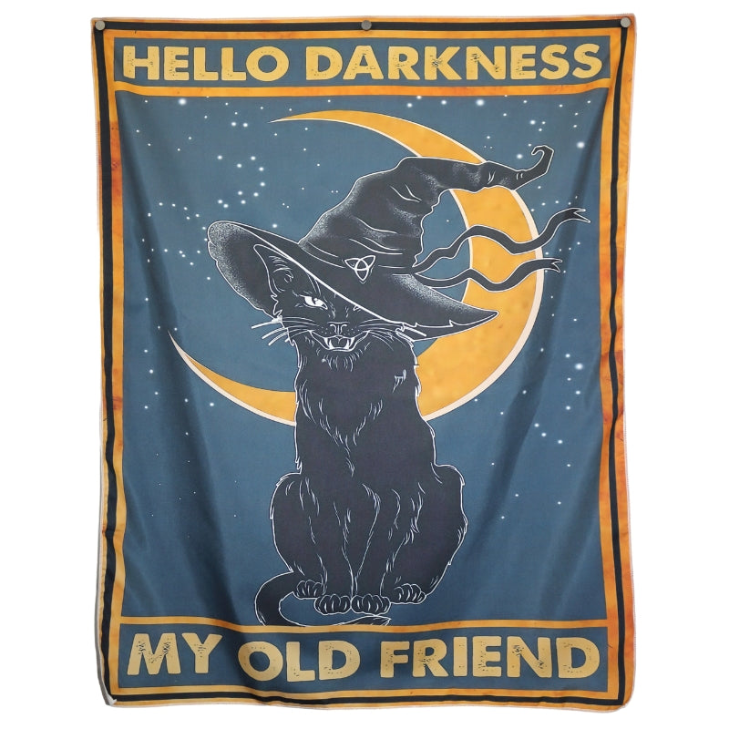 Hello Darkness Black Magic Cat Wearing Witches Hat Magical Wiccan Wall Hanging