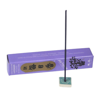 rectangle box of japanese morning star "lavender" incense sticks next to a tile incense holder 