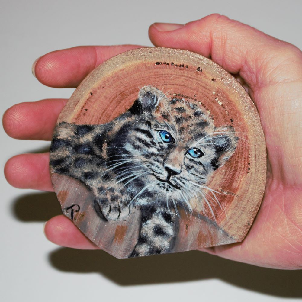 Hand Painted Wooden Ornament -Leopard Cub Wood Round -Home Décor