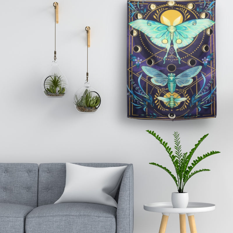 Psychedelic Lunar Moth and Moon Cycles Butterfly Wall Hanging