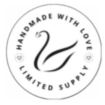 Black bold uppercase writing saying "Handmade with love, limited supply" written in a circle around cygnet studio's logo of a black swan in a white circle