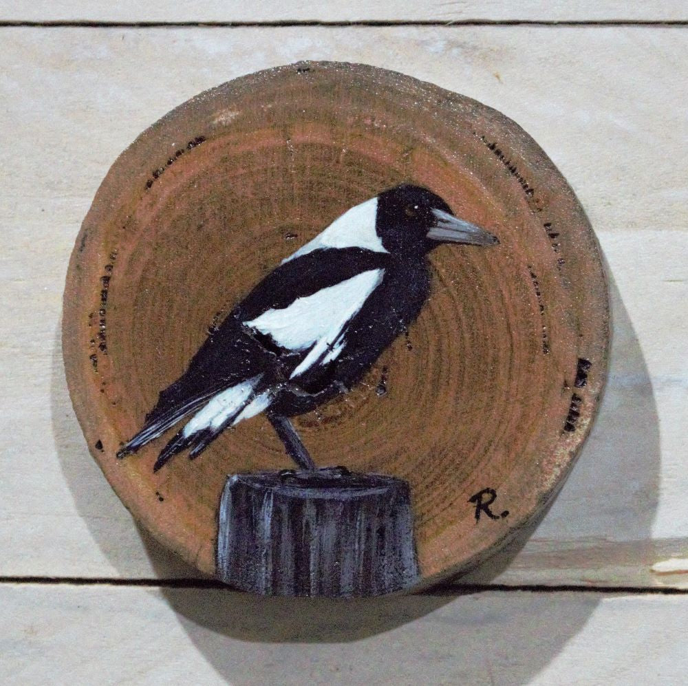 Hand Painted Wooden Ornament -Magpie Wood Round -Home Décor