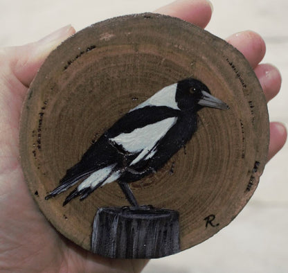 Hand Painted Wooden Ornament -Magpie Wood Round -Home Décor