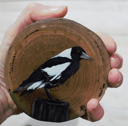 Hand Painted Wooden Ornament -Magpie Wood Round -Home Décor