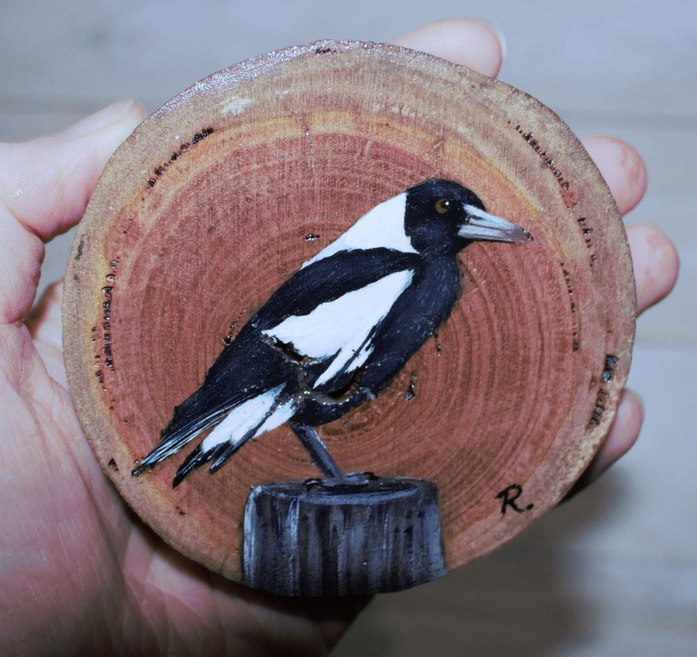 Hand Painted Wooden Ornament -Magpie Wood Round -Home Décor