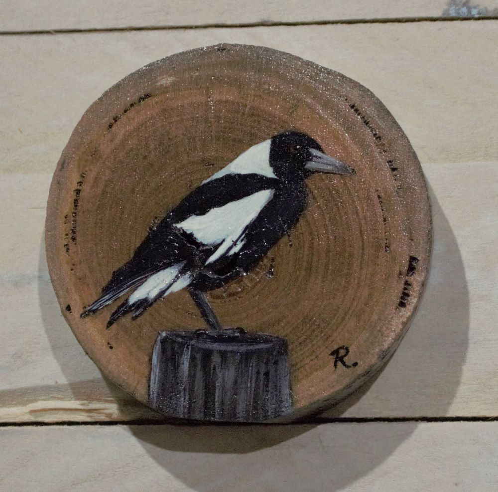 Hand Painted Wooden Ornament -Magpie Wood Round -Home Décor