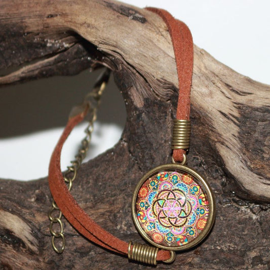 Colourful Mandala Adjustable Leather Bracelet- Meditation Jewellery