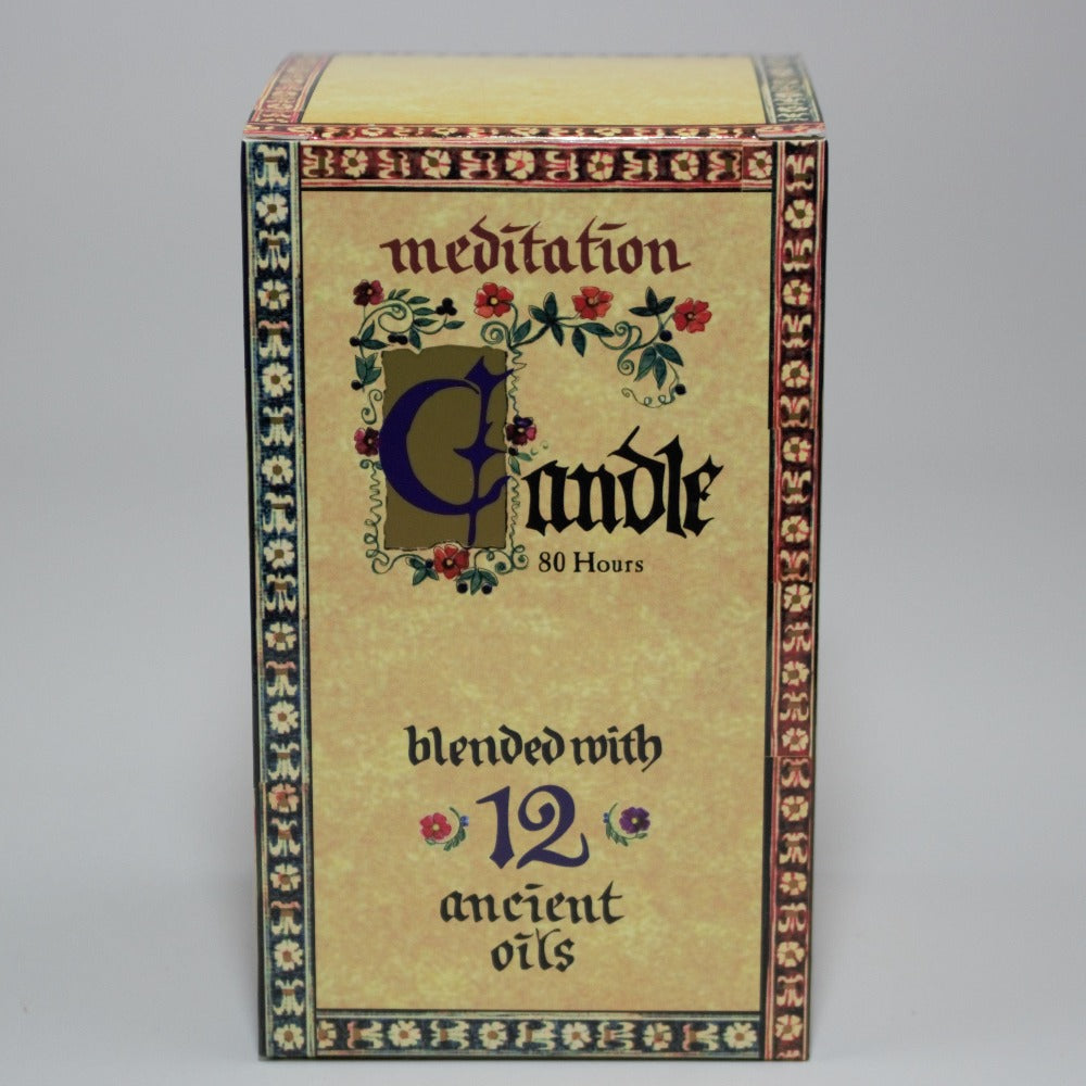 meditation candle 80 hour burn time packaging box, on a white background