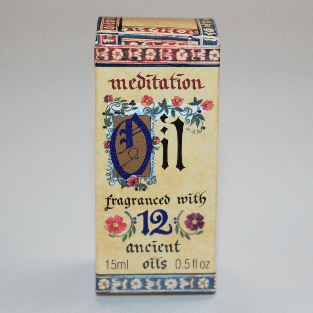 ornate meditation fragrance oil box on a white background