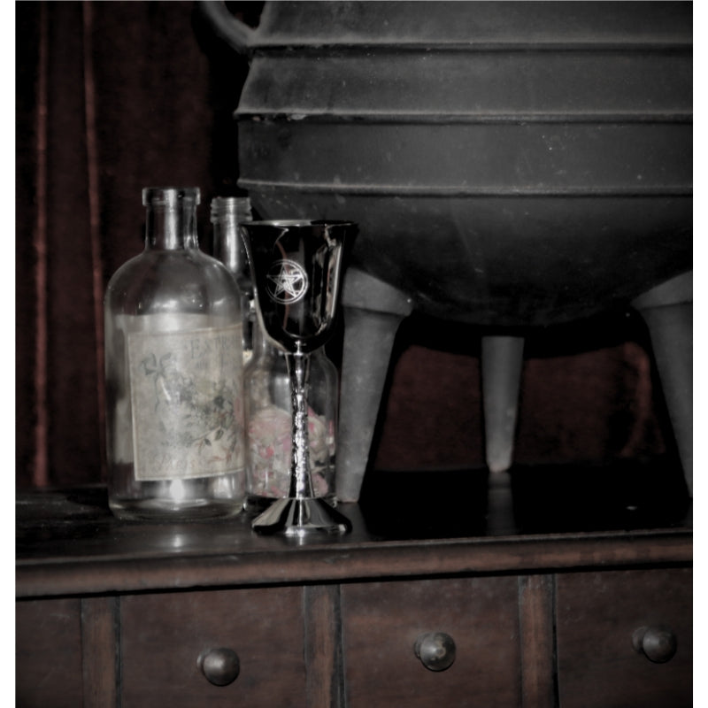 Silver goblet with a pentacle design sitting atop an apothecary cabinet, in front of a cauldron and old apothecary bottles