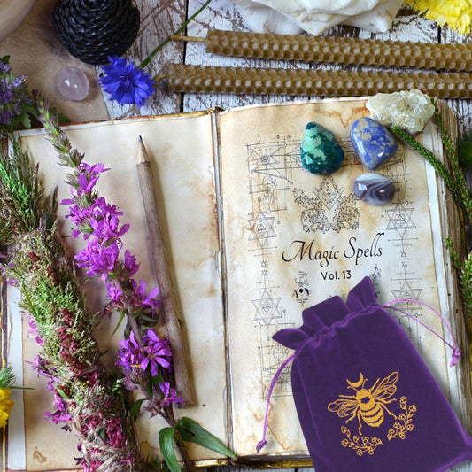 Purple and gold velvet tarot bag with bee print- sold by Cygnet Studio