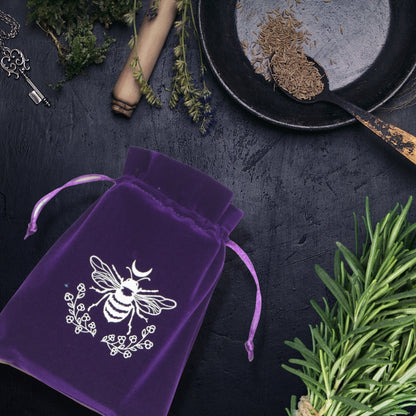 Purple and white velvet tarot bag with bee print- sold by Cygnet Studio