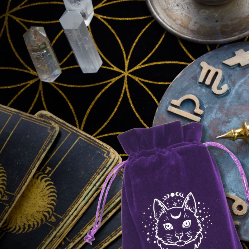 Moon Phases Lunar Cat Face Velvet Tarot Bag for Tarot and Oracle Cards 13cm x 18cm