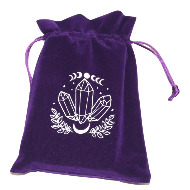purple tarot bag with white moon and crystal print
