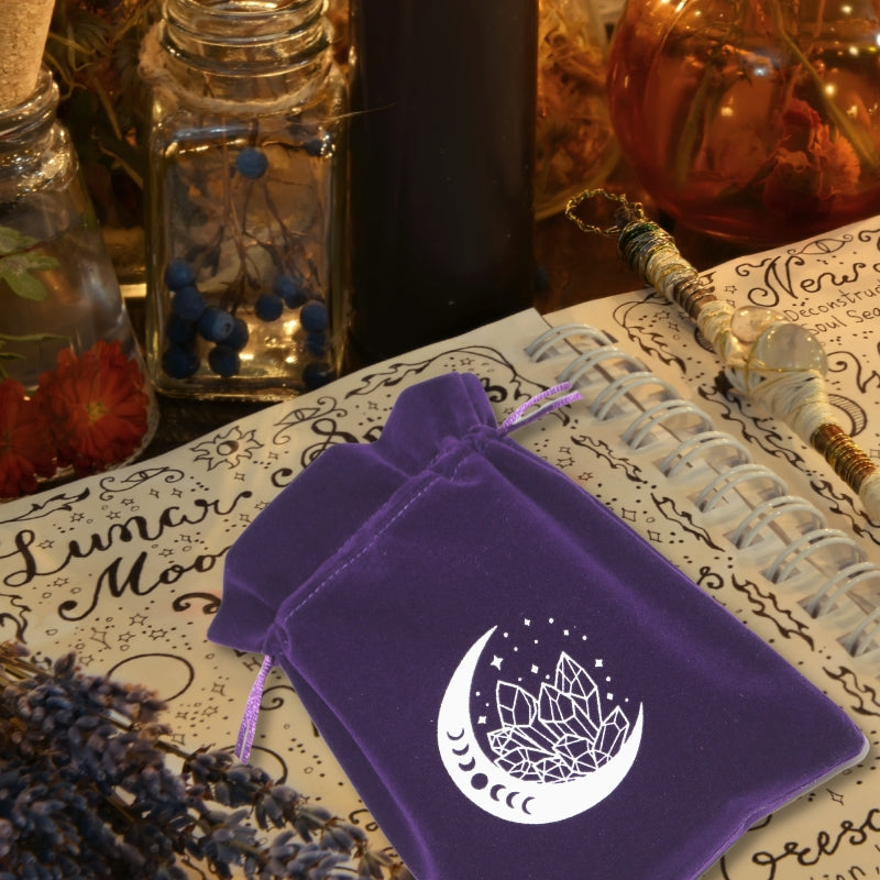 purple tarot bag with white moon and crystal print- sold by cygnet studio