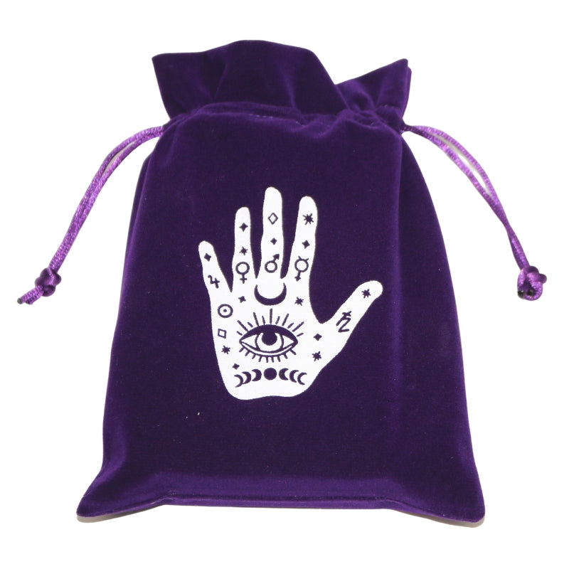 purple tarot bag  with white hand print with all seeing eye and moon phases