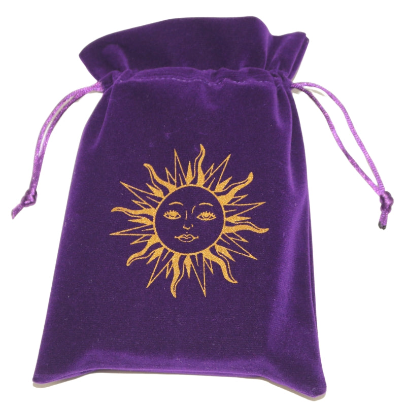purple tarot bag with sun printed in gold on the front