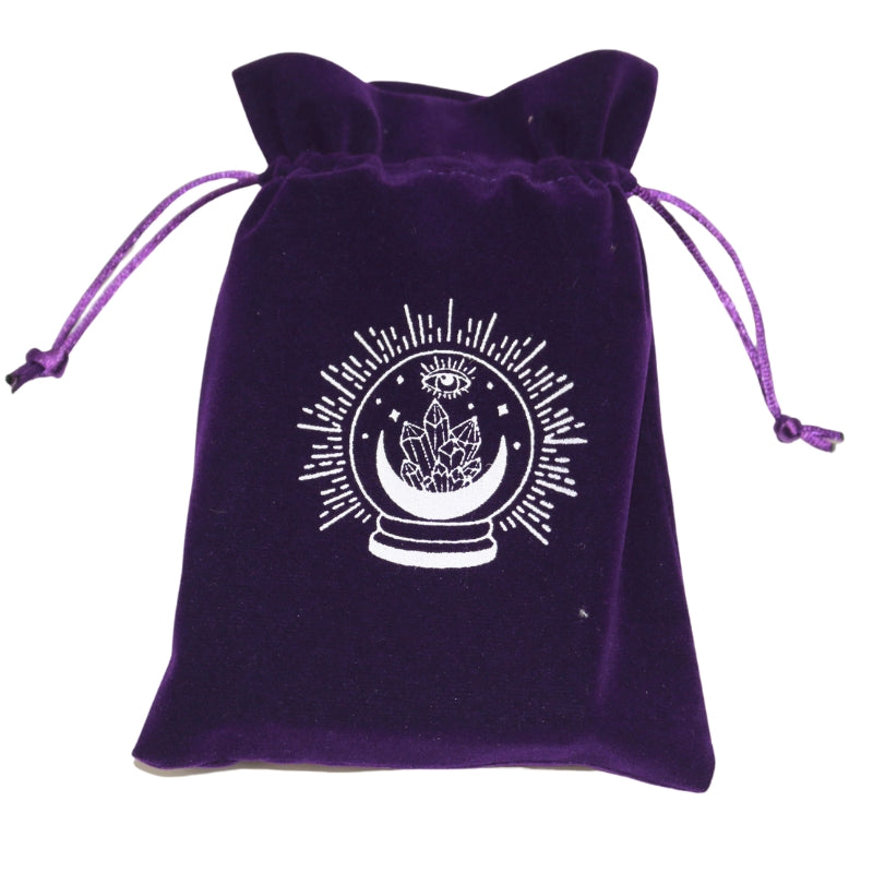 purple tarot bag with white moon and crystal print