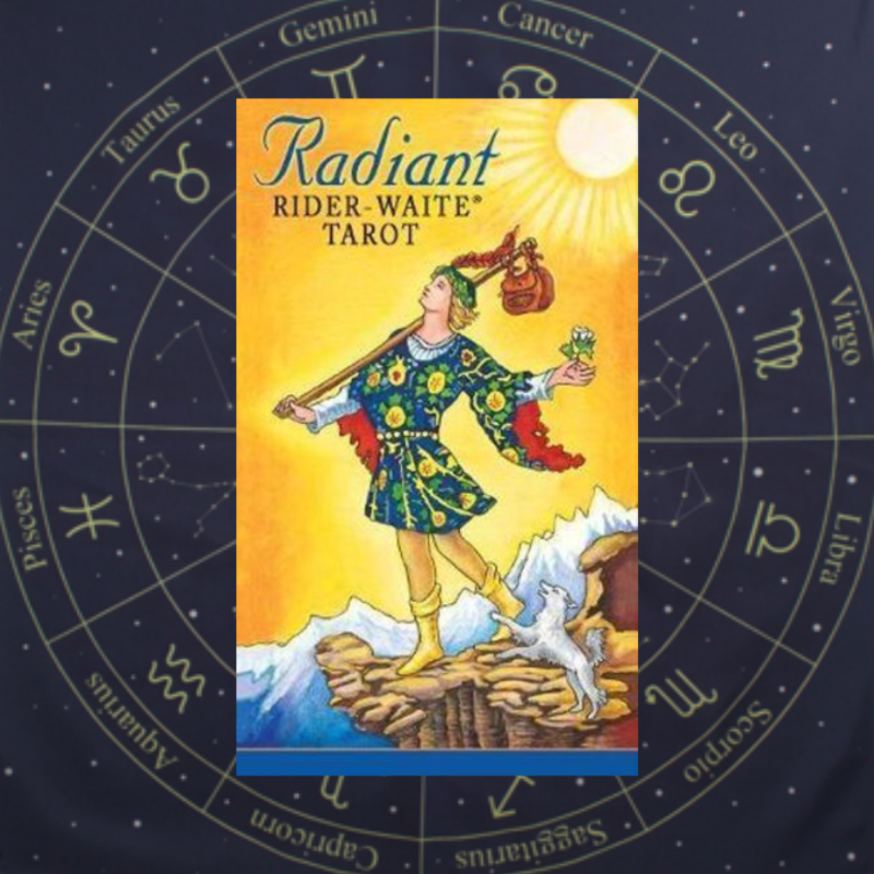 radiant rider waite tarot deck on blue and yellow astrology tarot cloth