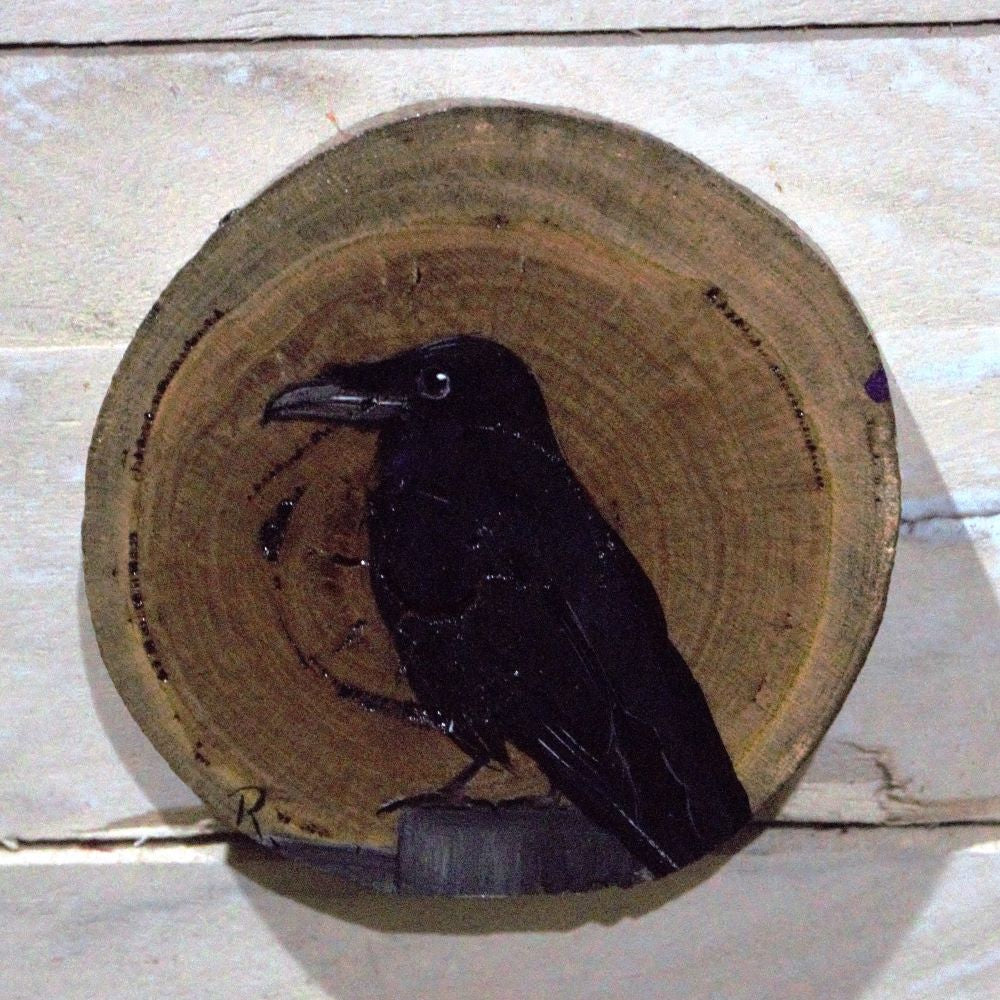 Hand Painted Wooden Ornament -Raven Wood Round -Home Décor