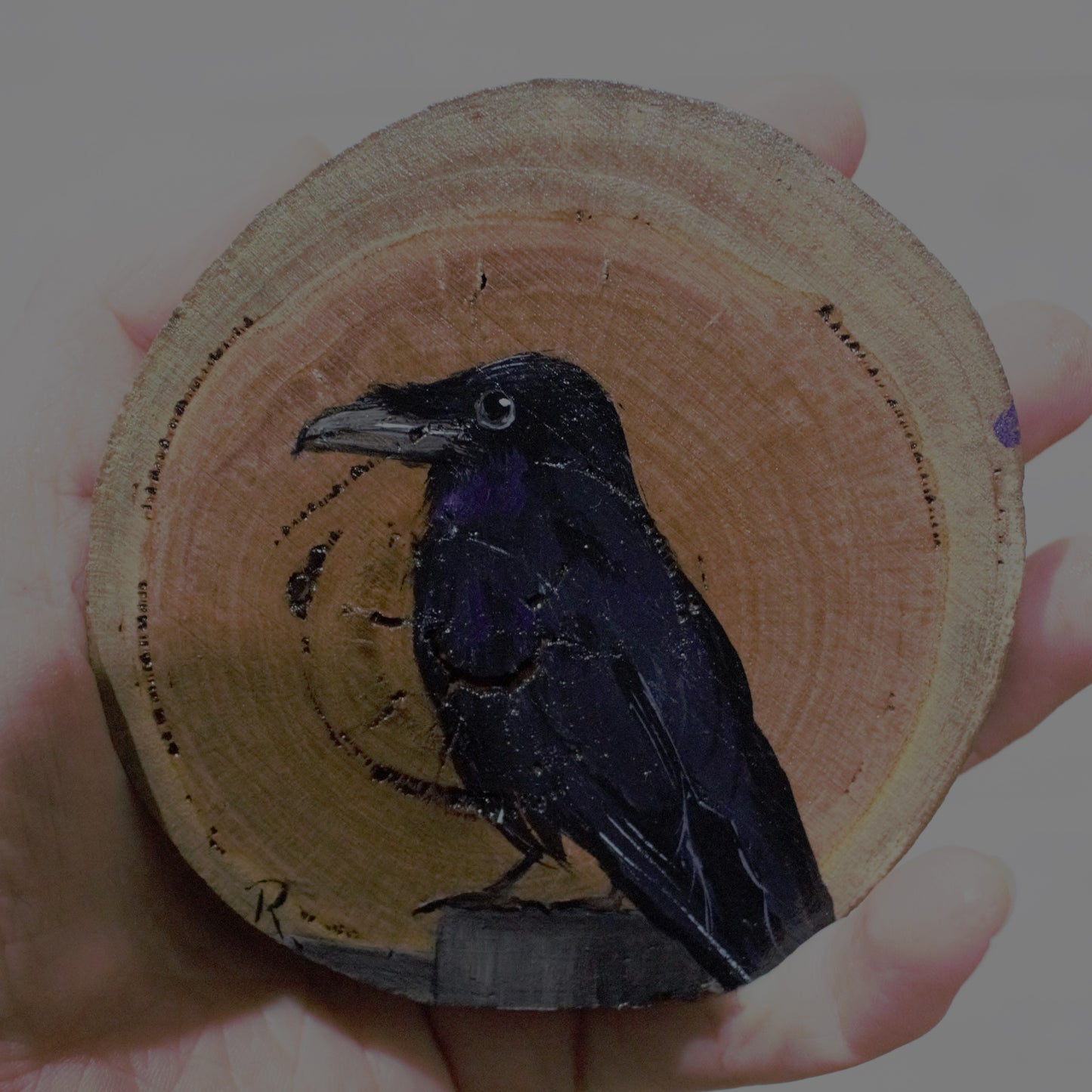Hand Painted Wooden Ornament -Raven Wood Round -Home Décor
