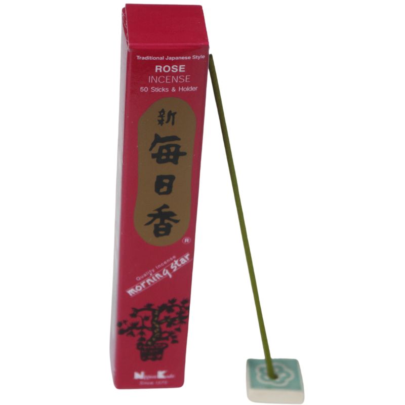  rectangle box of japanese morning star "Rose" incense sticks next to a tile incense holder 
