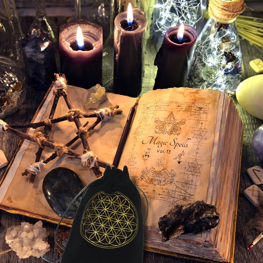 black  tarot bag with gold flower of life print- sold by cygnet studio