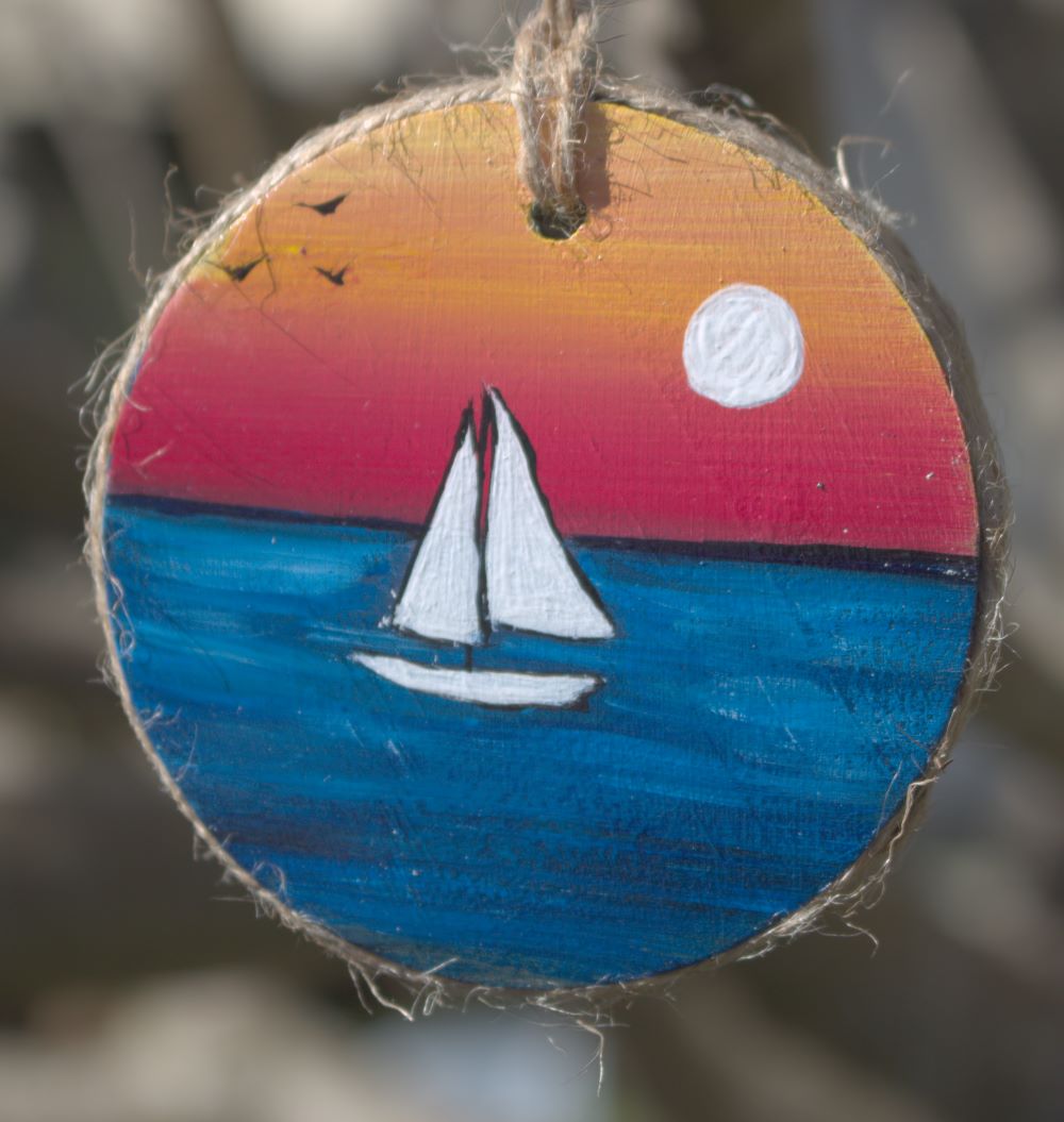 Hand Painted Wooden Ornament Coastal Sailboat and Anchor