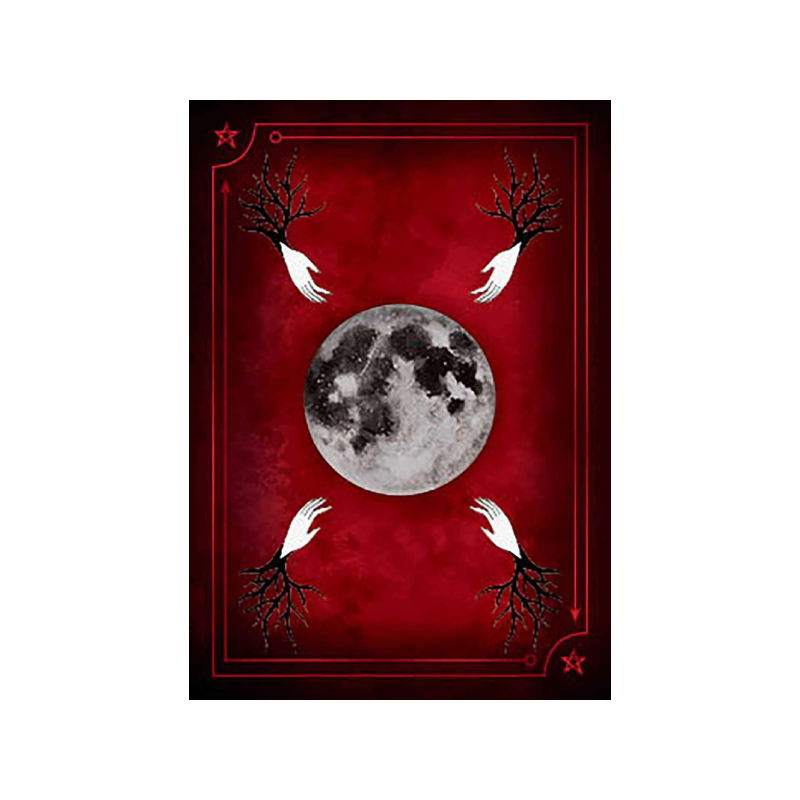 oracle card from seasons of the witch oracle- red with black and white moon in centre- 4 hands reaching towards moon with tree roots linking them to the corners of the card