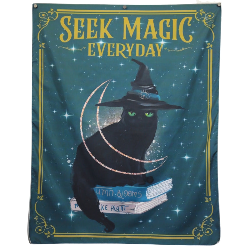 Black Magic  Cat wearing Witches Hat Tapestry- Magical Wiccan Wall Hanging