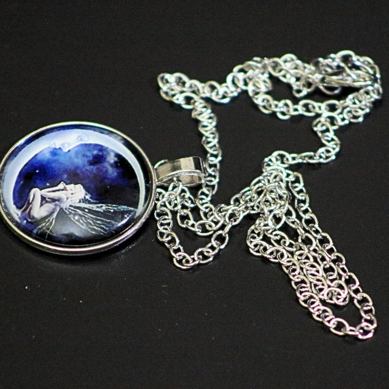 Glass Cabochon Fairy and Moon Pendant Silver Necklace-Fairycore Jewellery