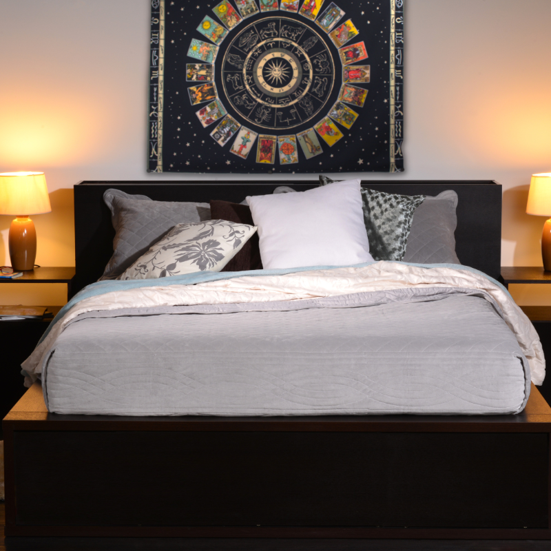 black wall hanging with the major arcana tarot cards circled around the centre. Astrological signs  along the right and left  sides and in the centre of the tarot cards.  the wall hanging is on a wall behind a black bed with white and grey pillows and bed covers, next to two lamps.