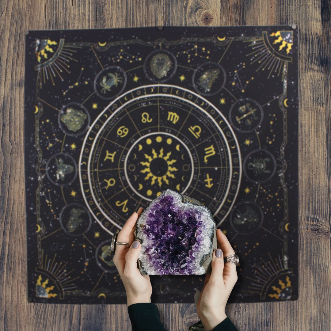 Black Tarot Cloth/ Altar Cloth/ Wheel of the Zodiac Astrology Wall Hanging