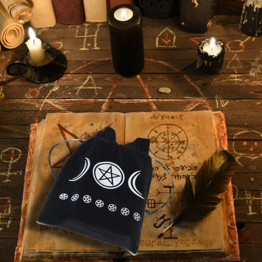 black  tarot bag with white triple moon goddess print- sold by cygnet studio