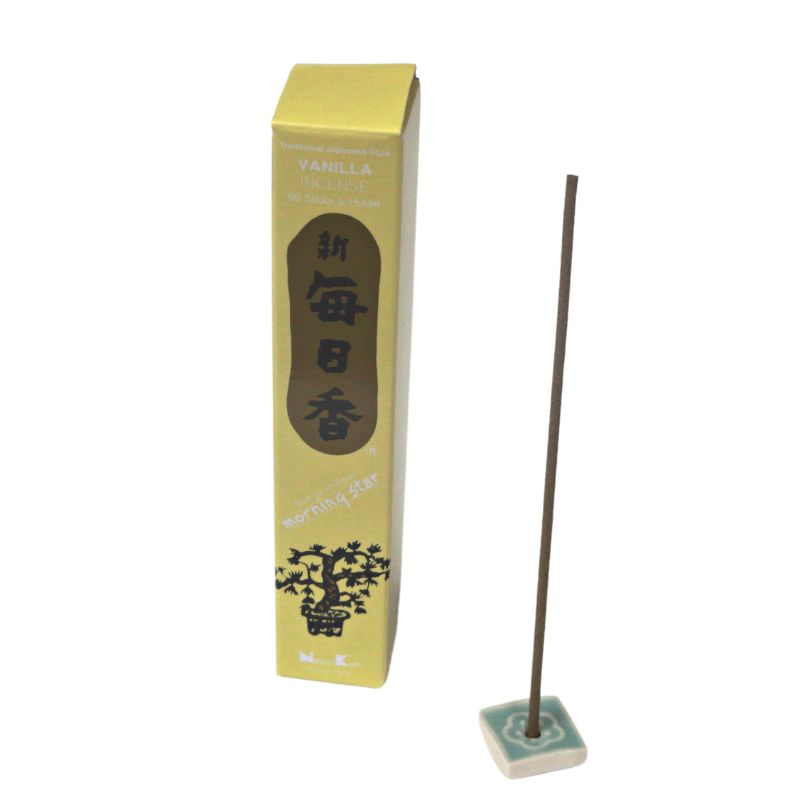 rectangle box of japanese morning star "Vanilla" incense sticks next to a tile incense holder